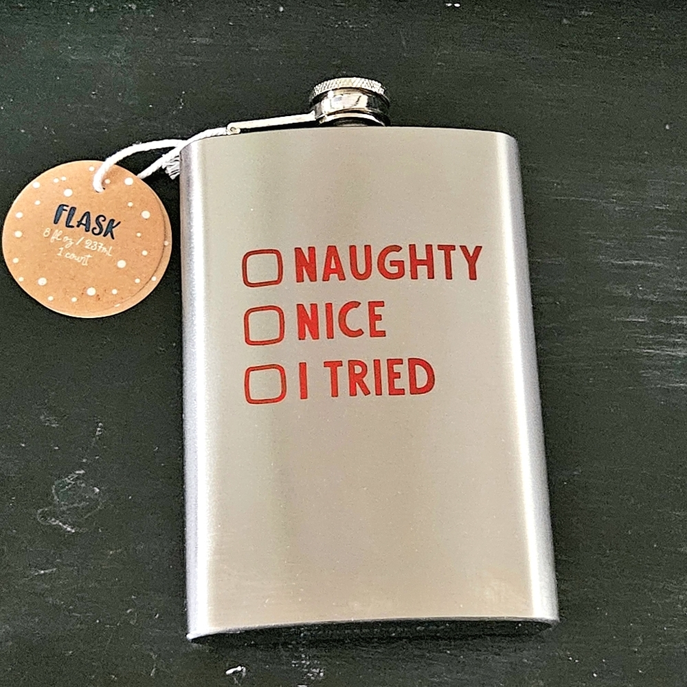 8oz Flask Stainless Steel Screw Down Cap & Liner Hip Pocket Christmas Santa New!